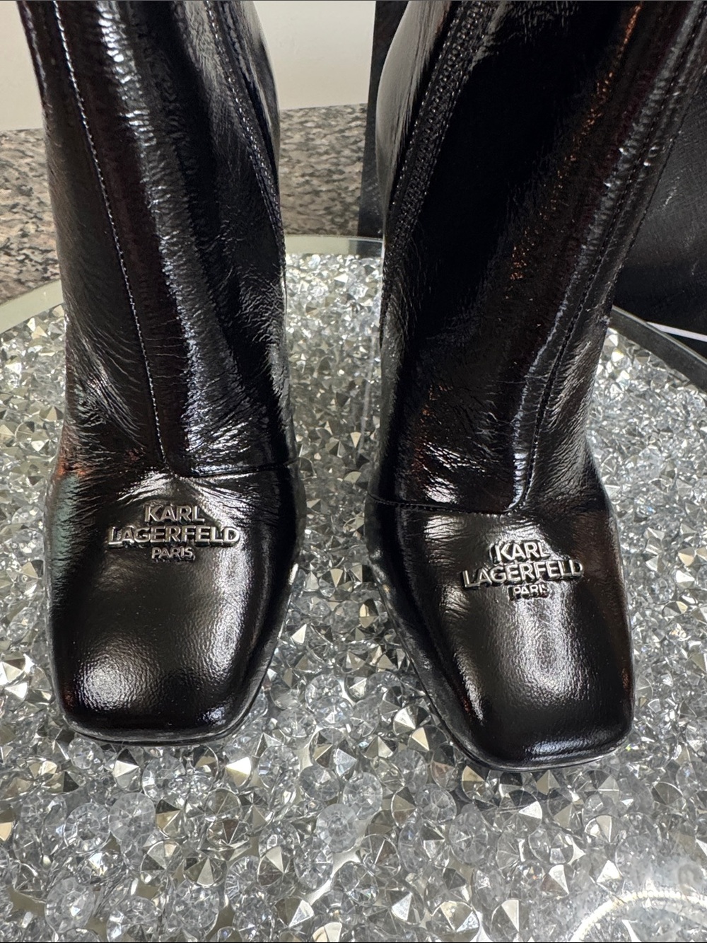 Karl Lagerfeld Black Patent leather Square-Toe Logo Boots NEW 6